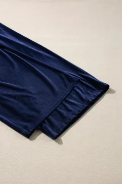 Fashion Dear-Lover Solid Velvet Ruffled Two Piece Pants Set Navy Blue