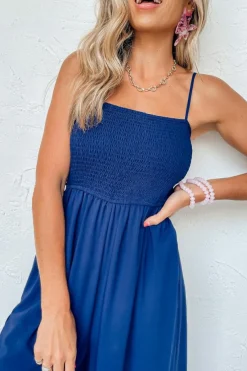 Online Dear-Lover Spaghetti Straps Smocked Ruffled Wide Leg Jumpsuit Navy Blue