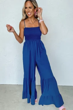 Online Dear-Lover Spaghetti Straps Smocked Ruffled Wide Leg Jumpsuit Navy Blue