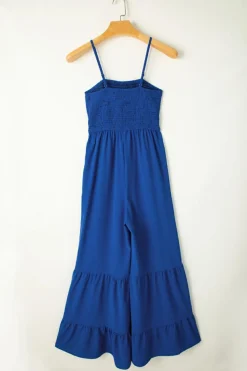 Online Dear-Lover Spaghetti Straps Smocked Ruffled Wide Leg Jumpsuit Navy Blue
