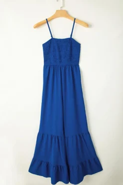 Online Dear-Lover Spaghetti Straps Smocked Ruffled Wide Leg Jumpsuit Navy Blue