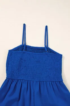 Online Dear-Lover Spaghetti Straps Smocked Ruffled Wide Leg Jumpsuit Navy Blue