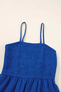 Online Dear-Lover Spaghetti Straps Smocked Ruffled Wide Leg Jumpsuit Navy Blue