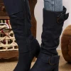Best Dear-Lover Suede Double Buckled Side Zipped Mid-calf Boots Navy Blue