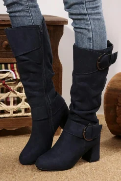 Best Dear-Lover Suede Double Buckled Side Zipped Mid-calf Boots Navy Blue