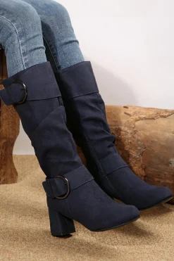 Best Dear-Lover Suede Double Buckled Side Zipped Mid-calf Boots Navy Blue