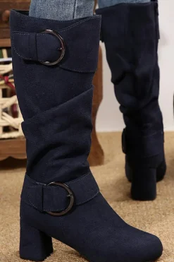 Best Dear-Lover Suede Double Buckled Side Zipped Mid-calf Boots Navy Blue