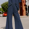 Online Dear-Lover Textured Loose Fit T Shirt and Drawstring Pants Set Navy Blue