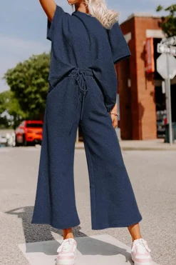 Online Dear-Lover Textured Loose Fit T Shirt and Drawstring Pants Set Navy Blue