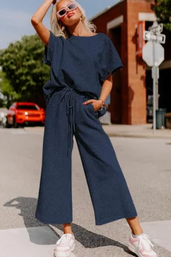 Online Dear-Lover Textured Loose Fit T Shirt and Drawstring Pants Set Navy Blue
