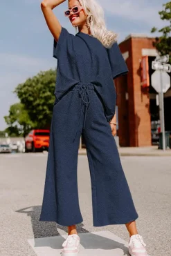 Online Dear-Lover Textured Loose Fit T Shirt and Drawstring Pants Set Navy Blue