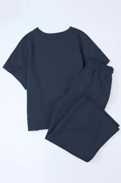 Online Dear-Lover Textured Loose Fit T Shirt and Drawstring Pants Set Navy Blue