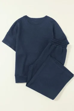 Online Dear-Lover Textured Loose Fit T Shirt and Drawstring Pants Set Navy Blue