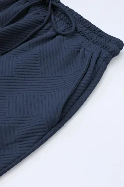 Online Dear-Lover Textured Loose Fit T Shirt and Drawstring Pants Set Navy Blue