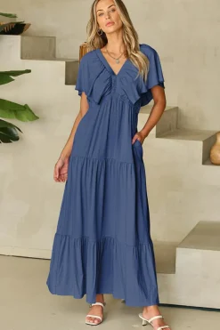 Clearance Dear-Lover Textured V Neck Flutter Sleeve Ruffled Maxi Dress Navy Blue
