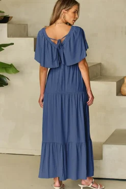 Clearance Dear-Lover Textured V Neck Flutter Sleeve Ruffled Maxi Dress Navy Blue