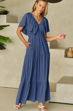 Clearance Dear-Lover Textured V Neck Flutter Sleeve Ruffled Maxi Dress Navy Blue