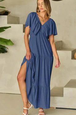 Clearance Dear-Lover Textured V Neck Flutter Sleeve Ruffled Maxi Dress Navy Blue