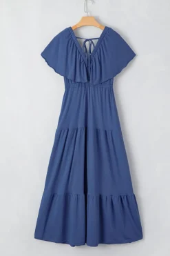 Clearance Dear-Lover Textured V Neck Flutter Sleeve Ruffled Maxi Dress Navy Blue