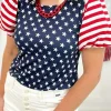 New Dear-Lover 4th Of July Stars Stripes Puff Sleeve T Shirt Navy Blue