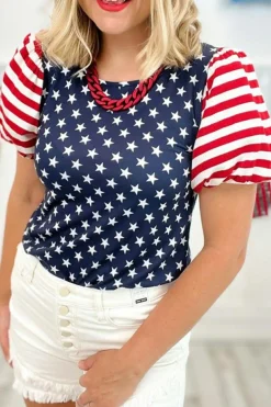 New Dear-Lover 4th Of July Stars Stripes Puff Sleeve T Shirt Navy Blue