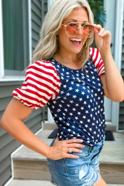 New Dear-Lover 4th Of July Stars Stripes Puff Sleeve T Shirt Navy Blue