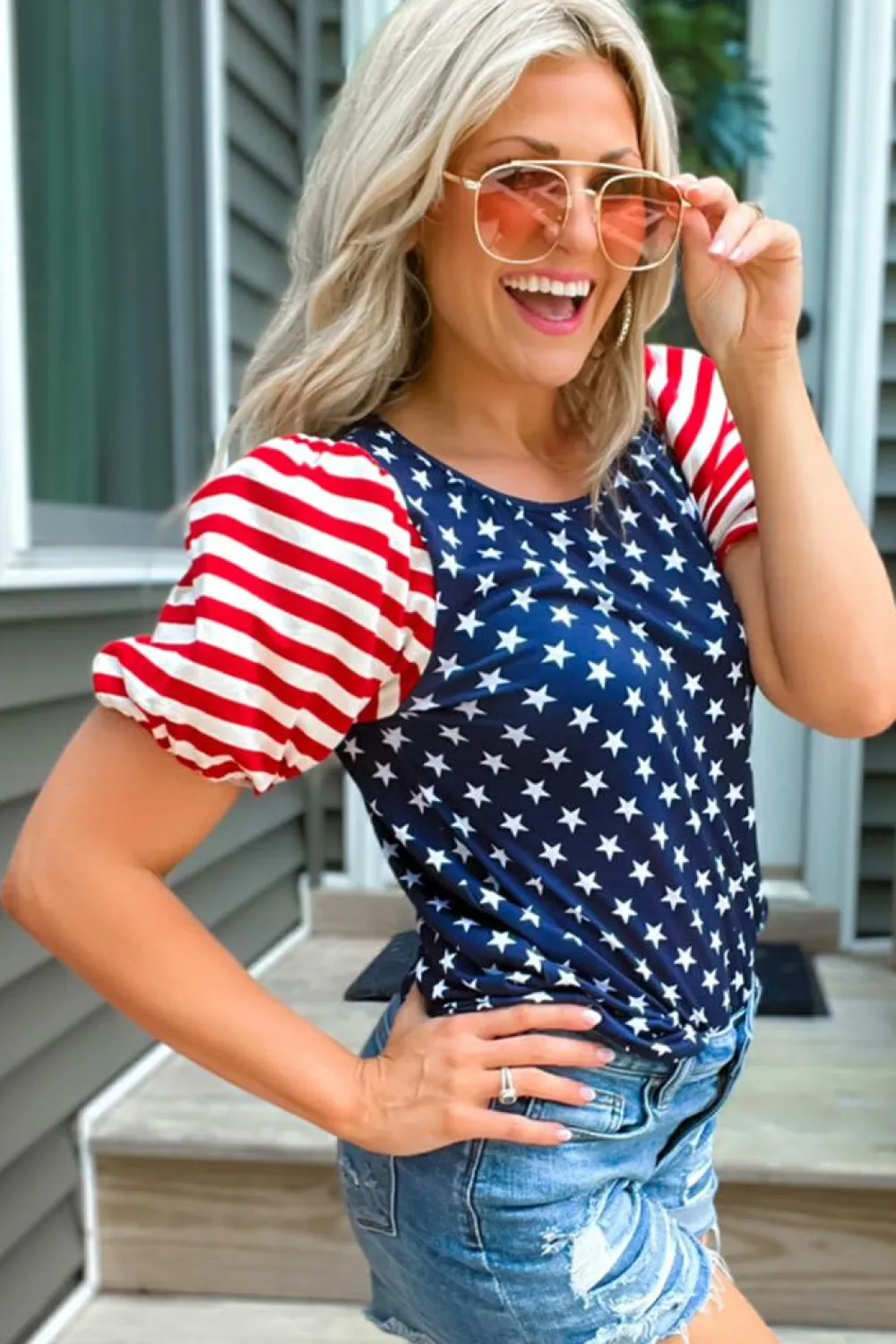 New Dear-Lover 4th Of July Stars Stripes Puff Sleeve T Shirt Navy Blue