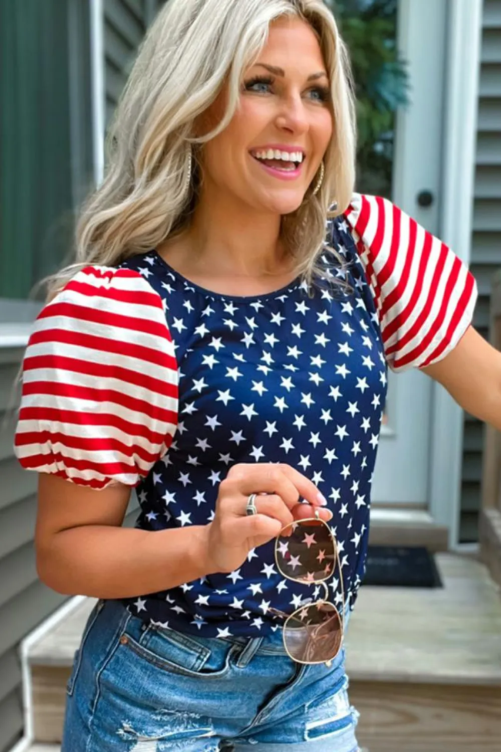 New Dear-Lover 4th Of July Stars Stripes Puff Sleeve T Shirt Navy Blue