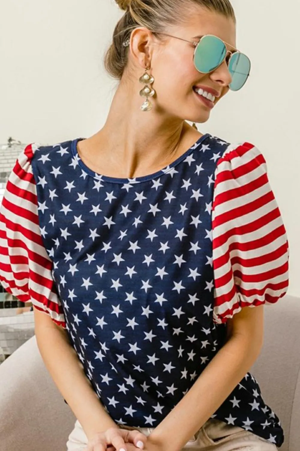 New Dear-Lover 4th Of July Stars Stripes Puff Sleeve T Shirt Navy Blue