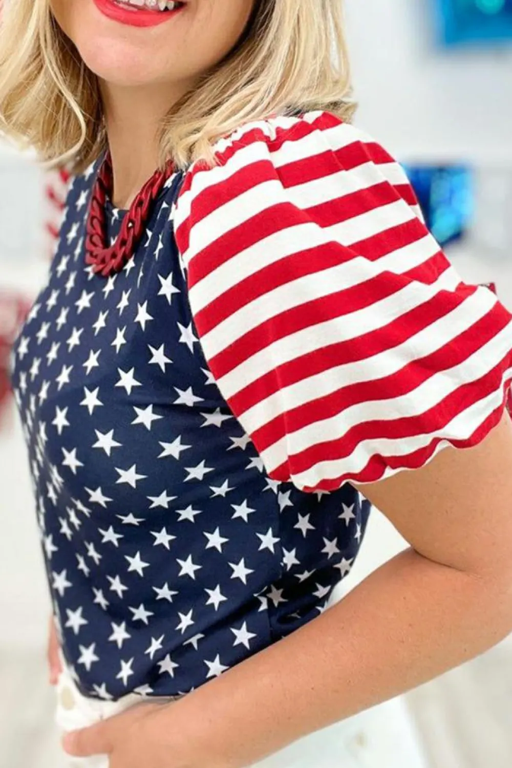 New Dear-Lover 4th Of July Stars Stripes Puff Sleeve T Shirt Navy Blue