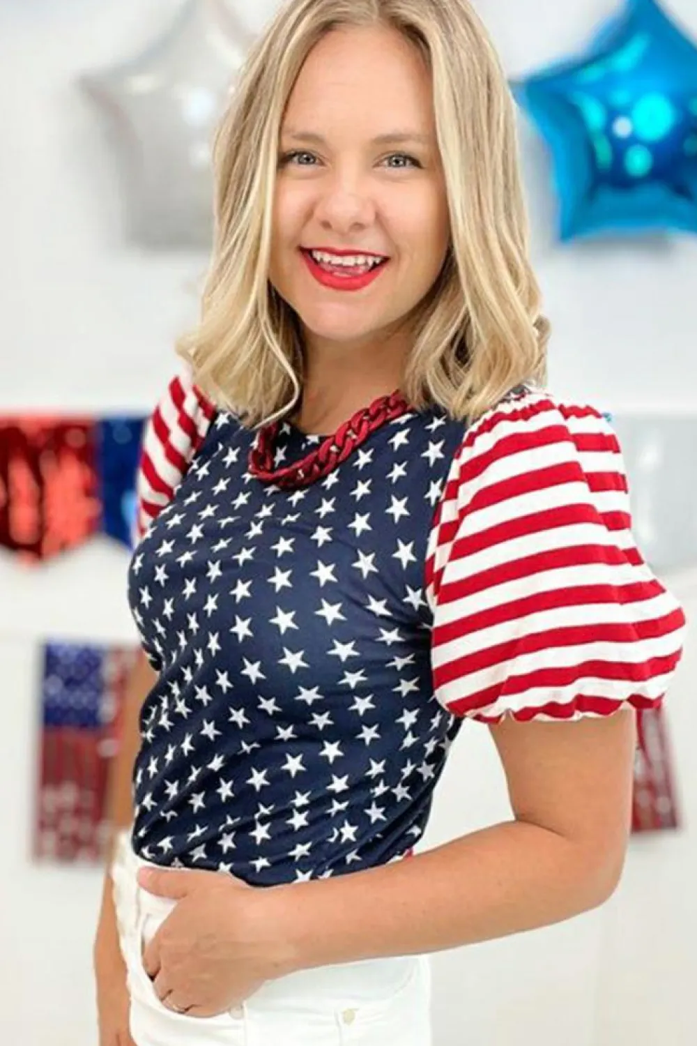 New Dear-Lover 4th Of July Stars Stripes Puff Sleeve T Shirt Navy Blue