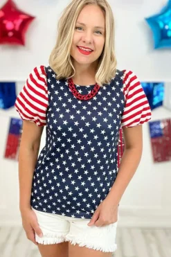 New Dear-Lover 4th Of July Stars Stripes Puff Sleeve T Shirt Navy Blue