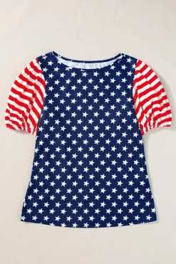 New Dear-Lover 4th Of July Stars Stripes Puff Sleeve T Shirt Navy Blue