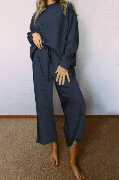 Hot Dear-Lover Ultra Loose Textured 2pcs Slouchy Outfit Navy Blue
