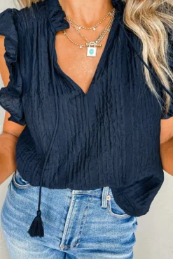 Best Dear-Lover V Neck Flutter Sleeve Textured Blouse Navy Blue
