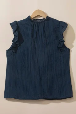 Best Dear-Lover V Neck Flutter Sleeve Textured Blouse Navy Blue