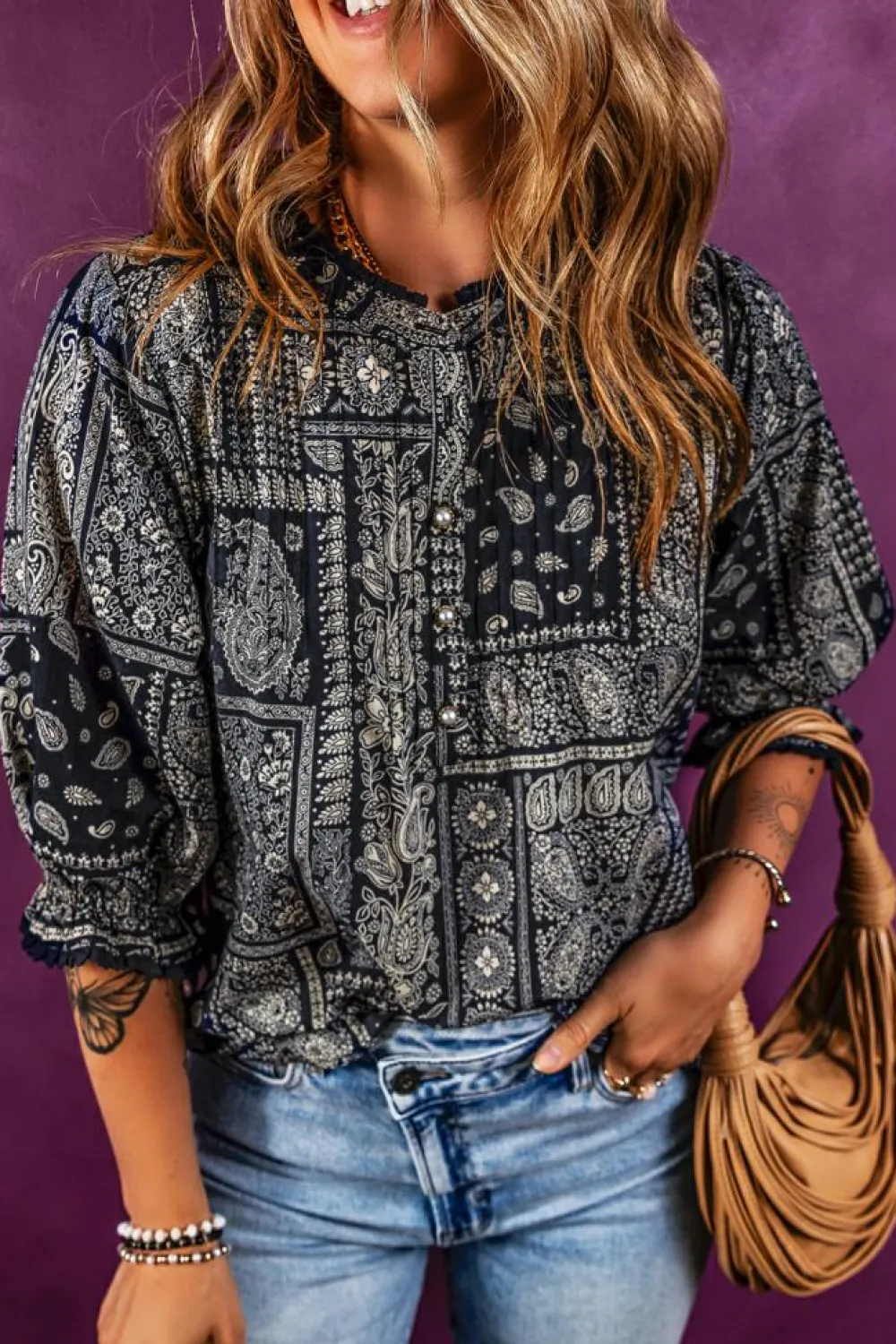 Clearance Dear-Lover Vintage Boho Paisley Print 3/4 Sleeve Blouse Navy Blue
