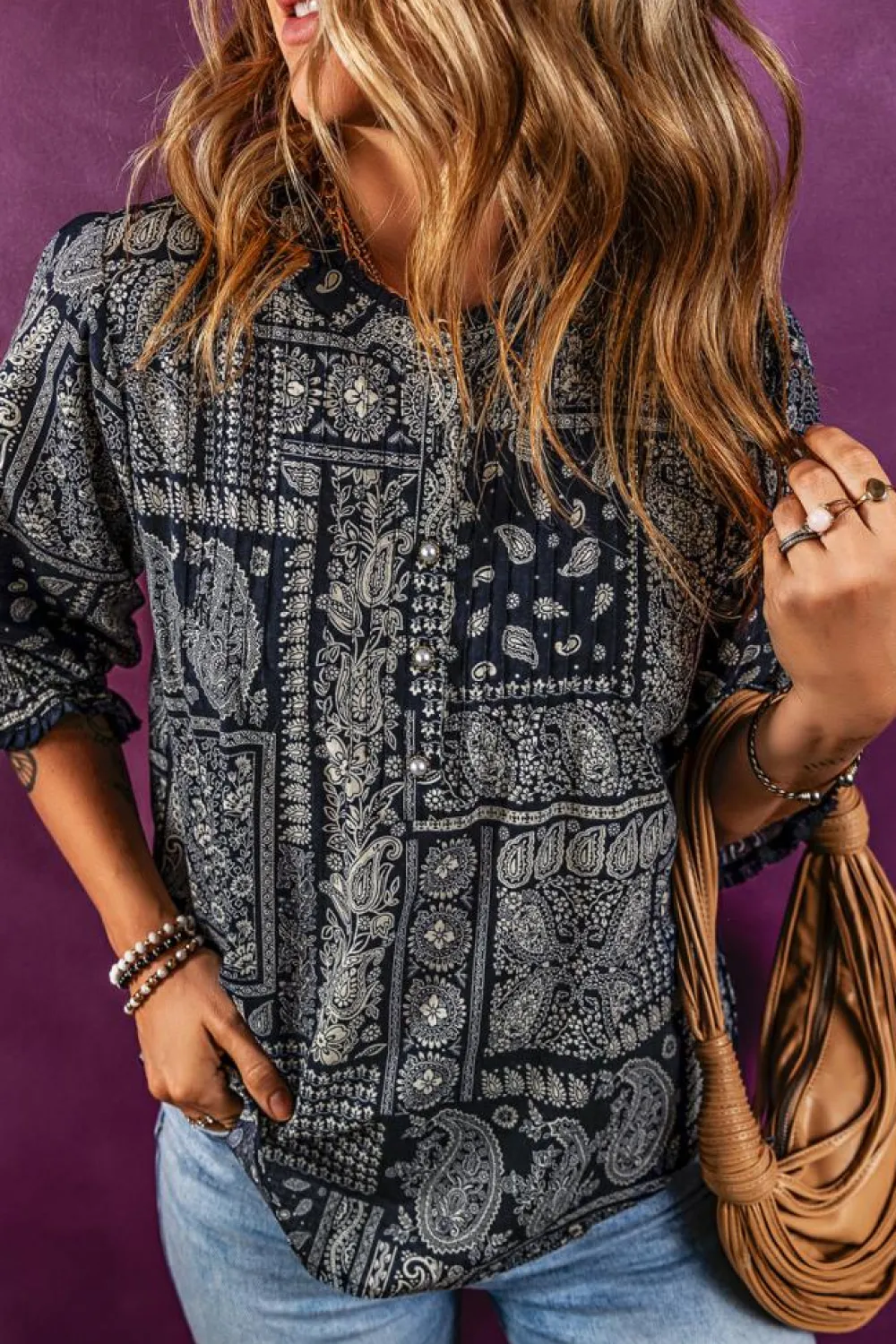 Clearance Dear-Lover Vintage Boho Paisley Print 3/4 Sleeve Blouse Navy Blue