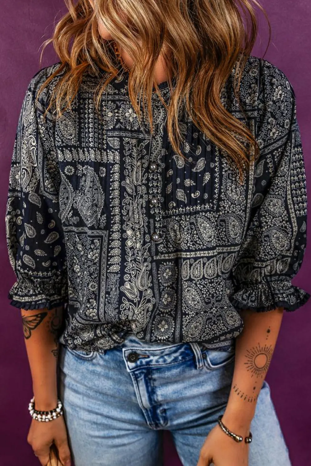 Clearance Dear-Lover Vintage Boho Paisley Print 3/4 Sleeve Blouse Navy Blue