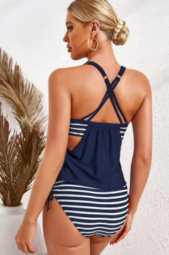 Hot Dear-Lover Navy Layered-Style Striped Tankini with Triangular Briefs Navy Blue
