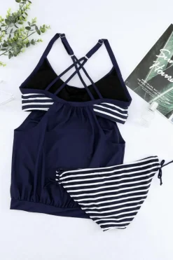 Hot Dear-Lover Navy Layered-Style Striped Tankini with Triangular Briefs Navy Blue