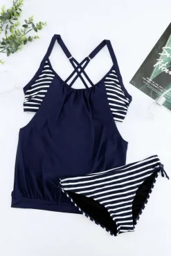 Hot Dear-Lover Navy Layered-Style Striped Tankini with Triangular Briefs Navy Blue