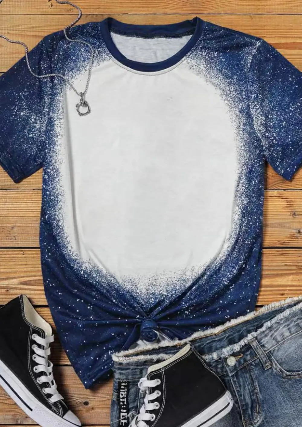 Online Dear-Lover Navy Tie-dyed Round Neck Short Sleeve T-shirt Blue