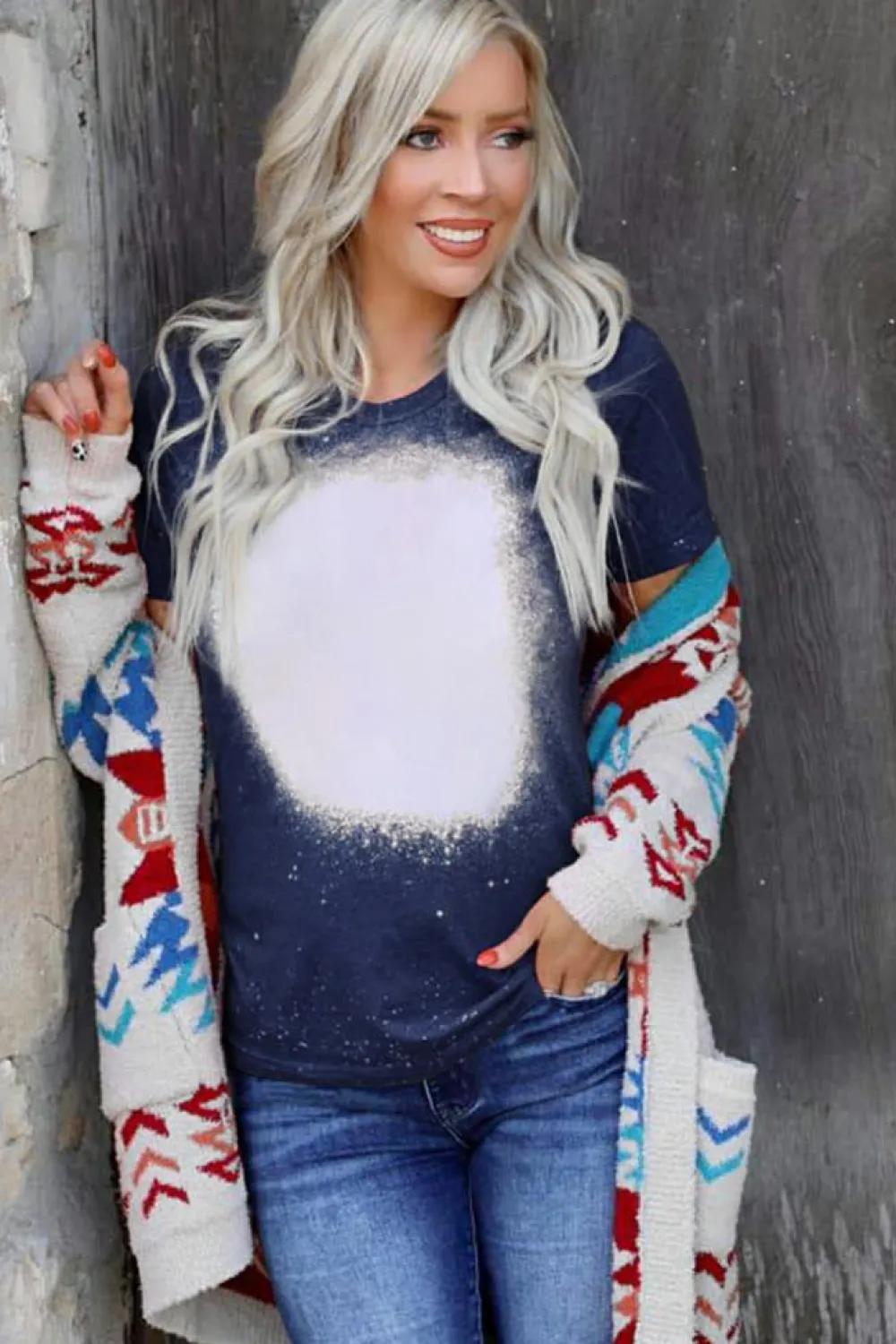 Online Dear-Lover Navy Tie-dyed Round Neck Short Sleeve T-shirt Blue