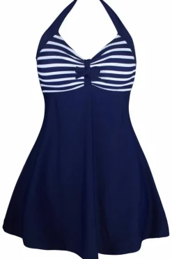 Outlet Dear-Lover Navy White Stripes One-piece Swimdress Blue white stripes