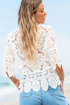Best Dear-Lover Bohemian Macrame Lace Crochet Half Sleeve Blouse Oatmeal