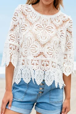 Best Dear-Lover Bohemian Macrame Lace Crochet Half Sleeve Blouse Oatmeal
