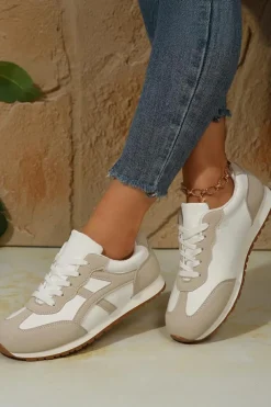 Discount Dear-Lover Color Block Lace-up PU Leather Sneakers Oatmeal
