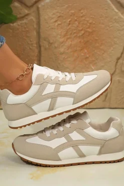Discount Dear-Lover Color Block Lace-up PU Leather Sneakers Oatmeal