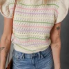 Fashion Dear-Lover Colorful Striped Eyelet Knit Ruffled Sleeve Sweater T Shirt Oatmeal